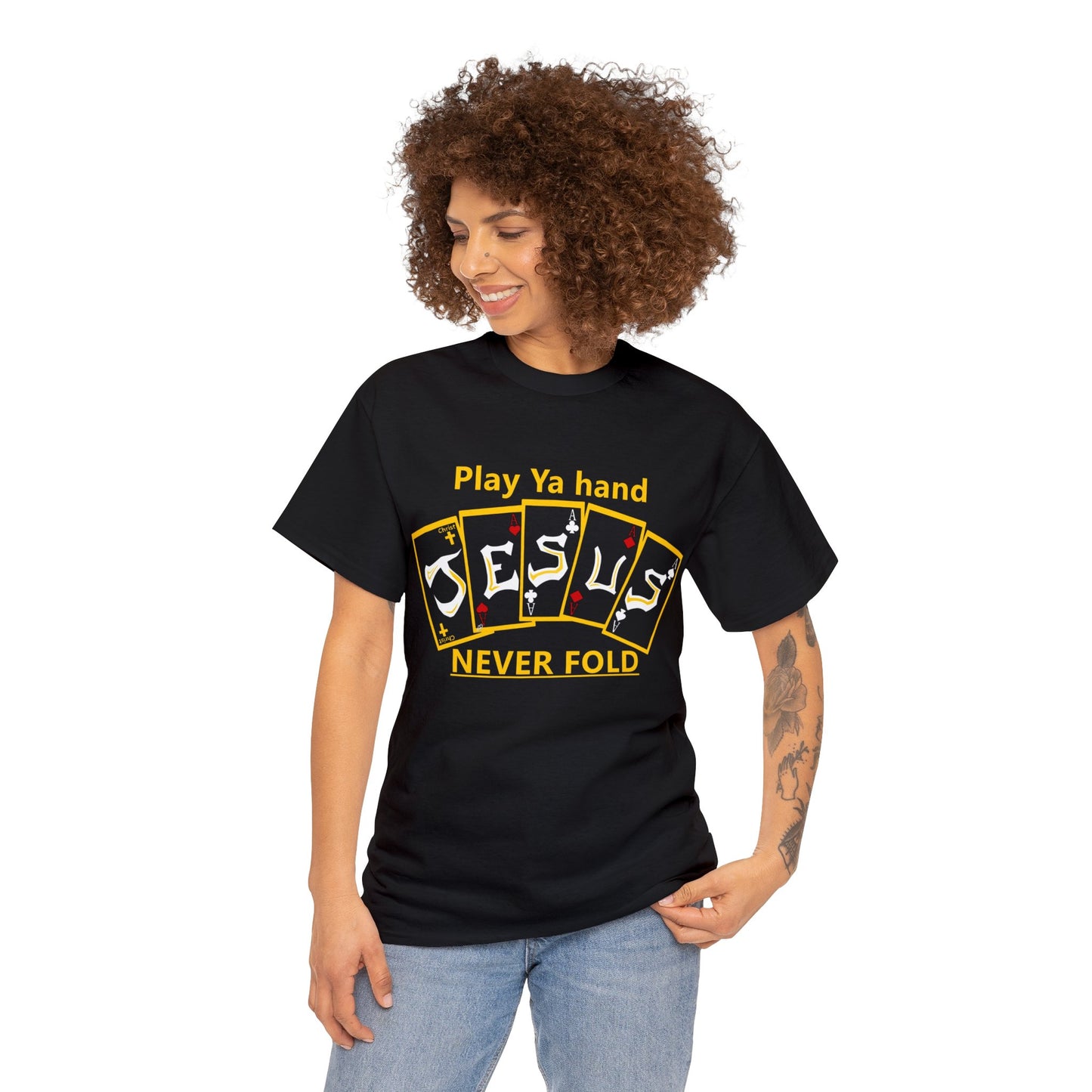 Jesus Hand (NEVER FOLD) Black Cards T-shirt By The M.O.G