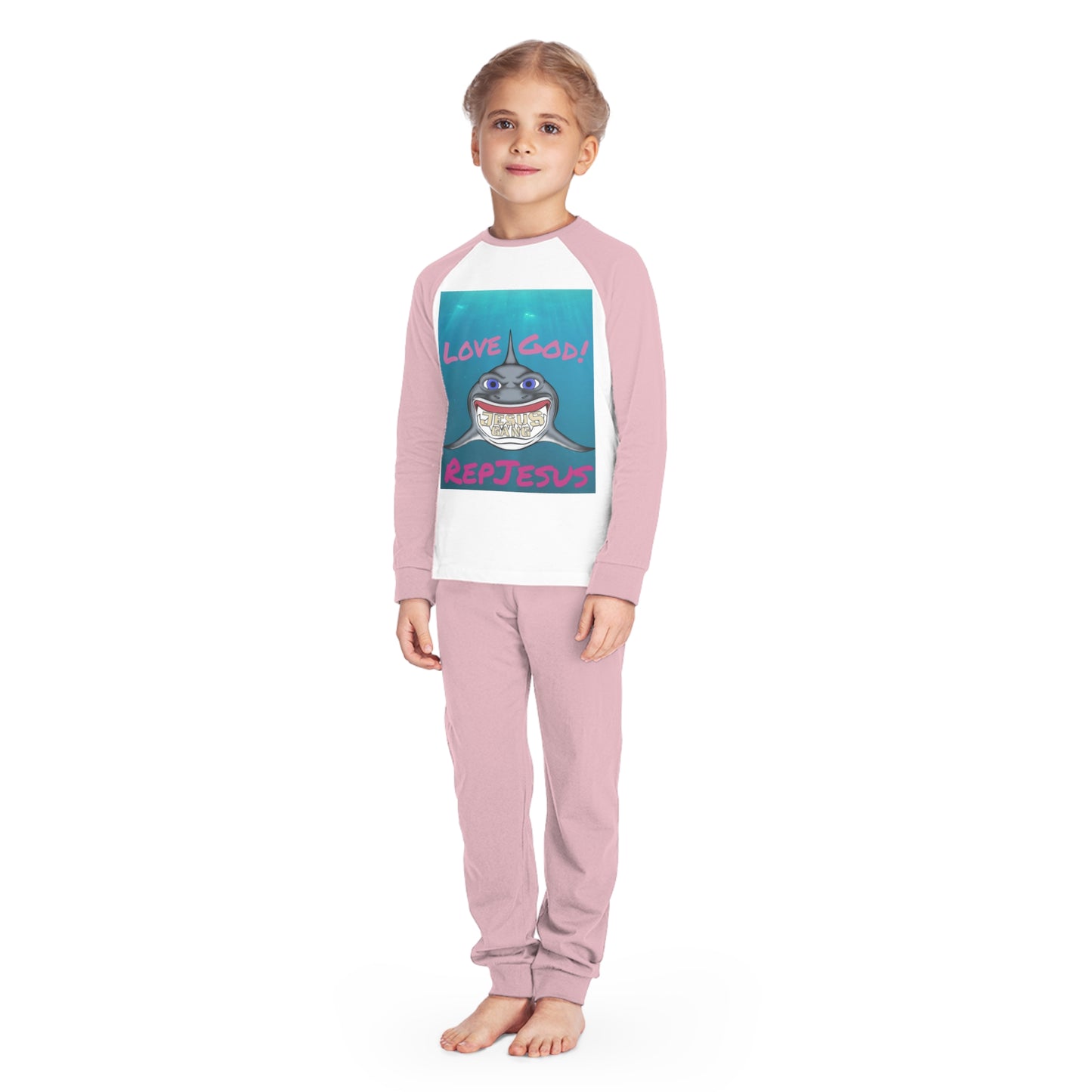 Love God Represent Jesus*Shark*Gang Pink Kids' Pajama Set