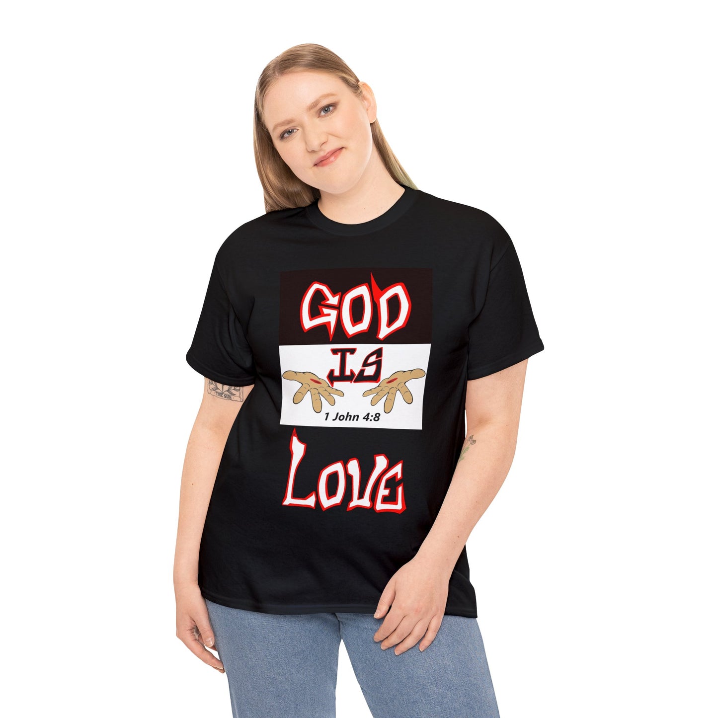 God is Love (RedBlk) multi-color t-shirt By The M.O.G (small print)