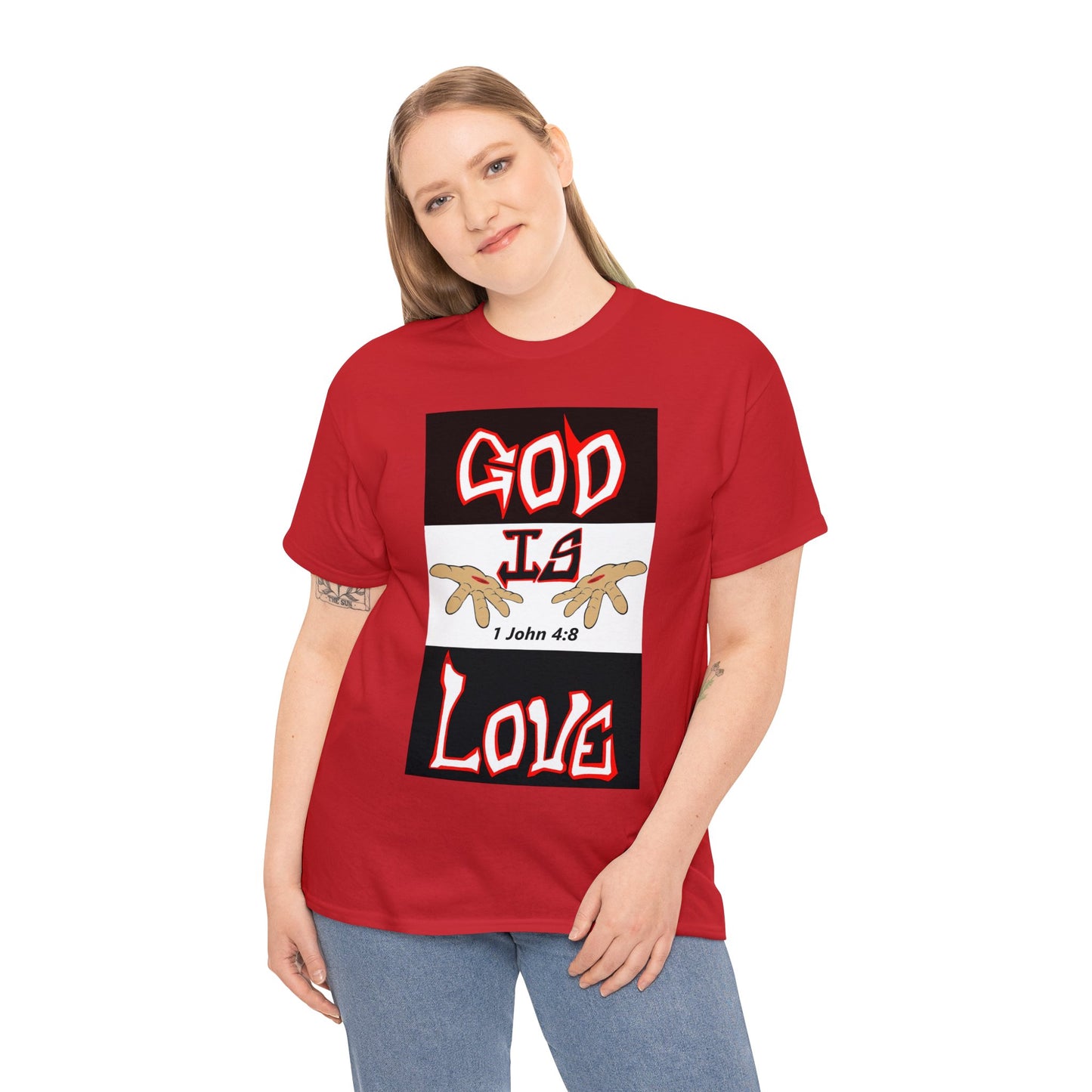 God is Love (RedBlk) multi-color t-shirt By The M.O.G (small print)