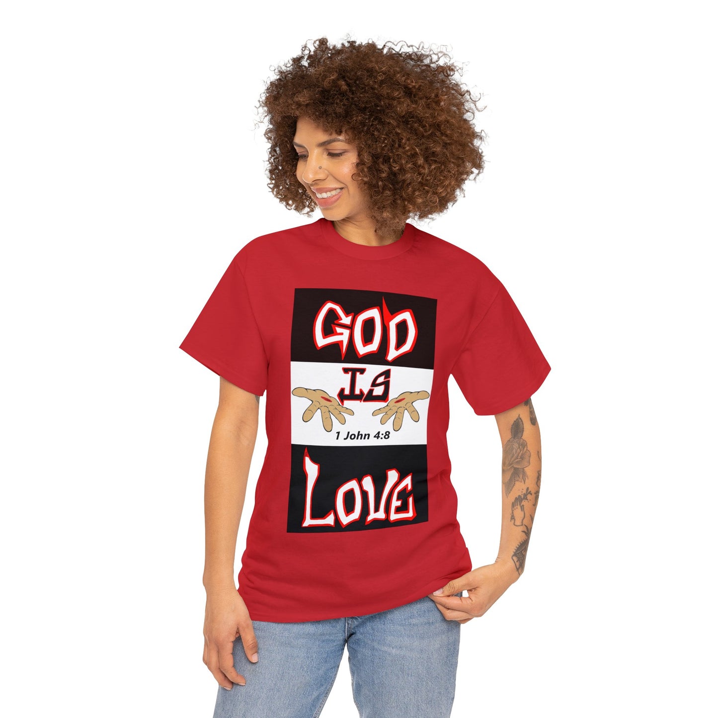 God is Love (RedBlk) multi-color t-shirt By The M.O.G (small print)