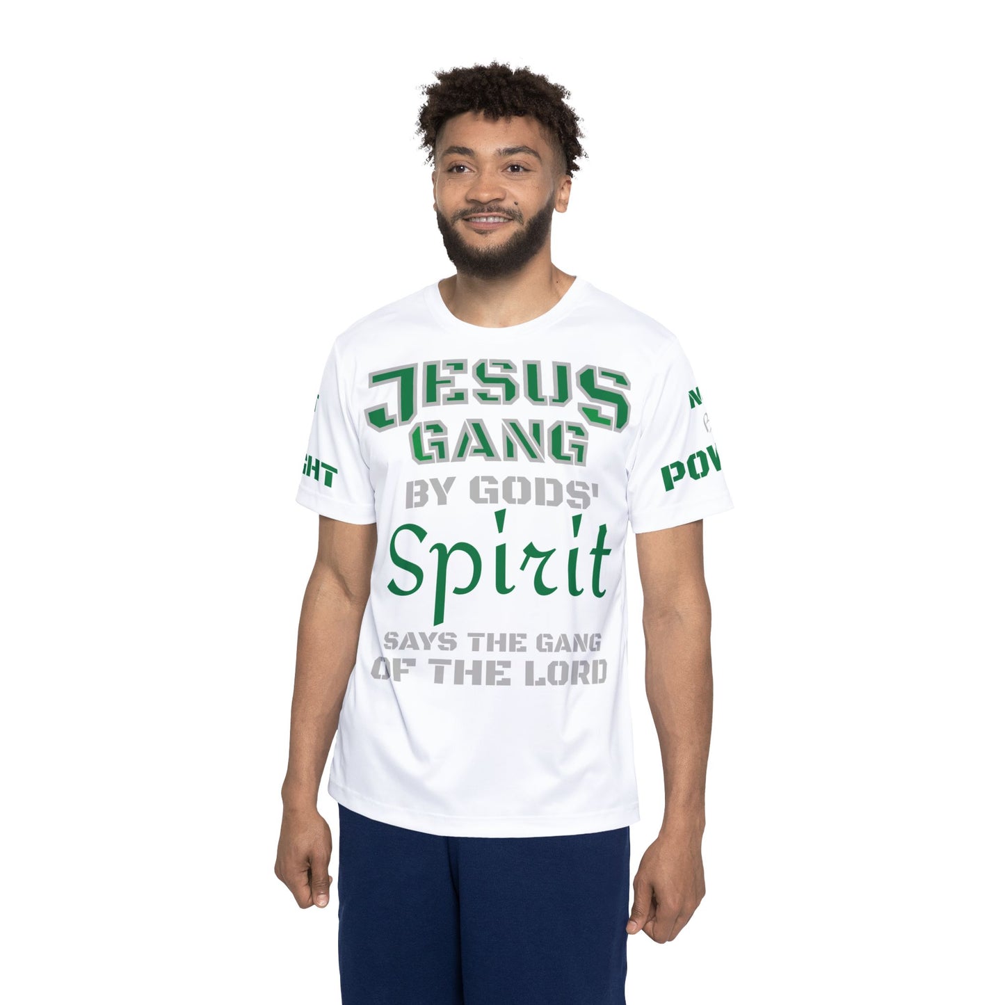 JESUS GANG (Not by Might, Nor by Power, says the Gang) Philly Green and White Workout Jersey