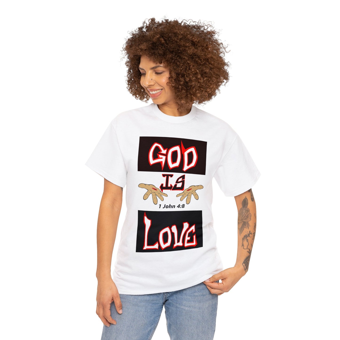 God is Love (RedBlk) multi-color t-shirt By The M.O.G (small print)