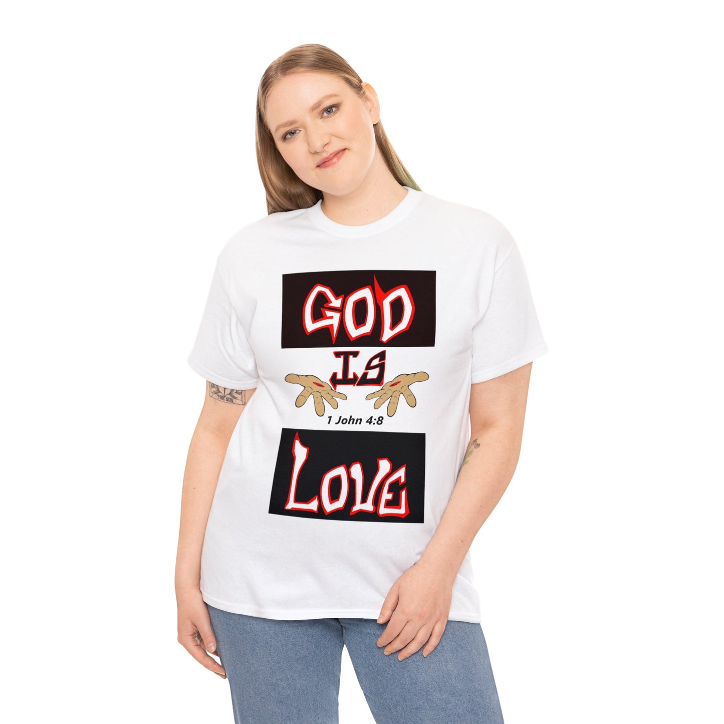 God is Love (RedBlk) multi-color t-shirt By The M.O.G (small print)