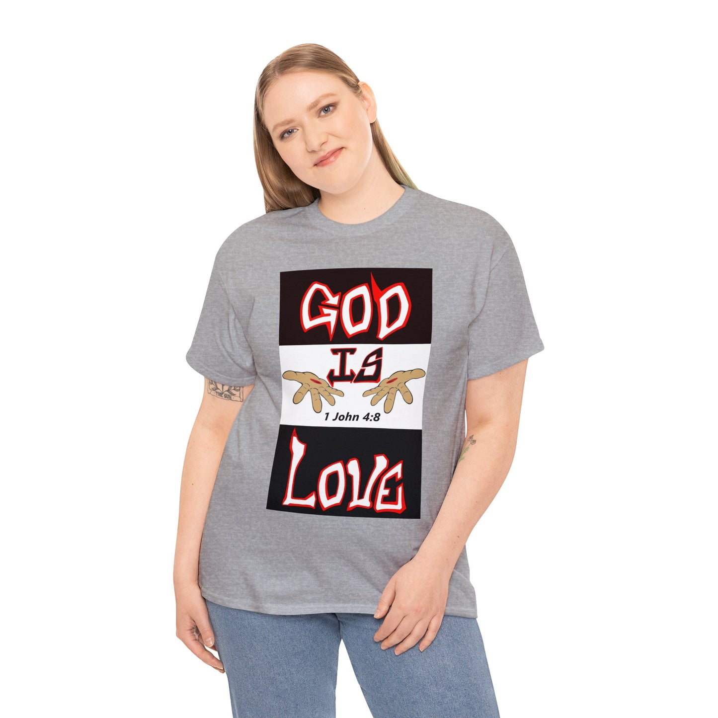 God is Love (RedBlk) multi-color t-shirt By The M.O.G (small print)