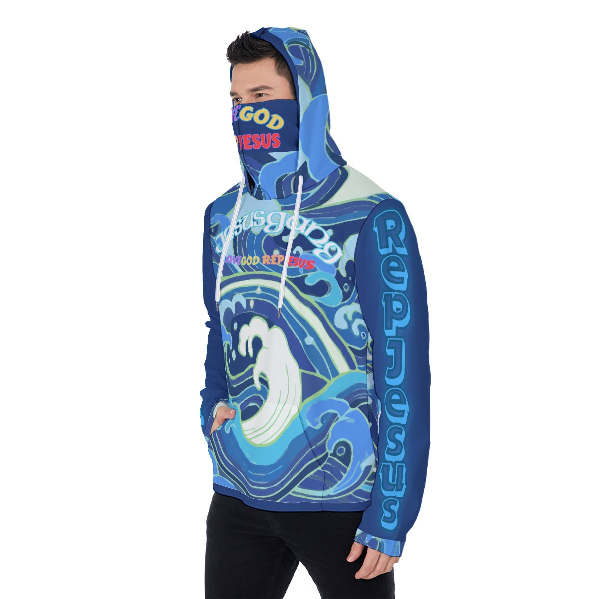 Jesus Gang Blu wave LoveGod RepJesus Masked Hoodie