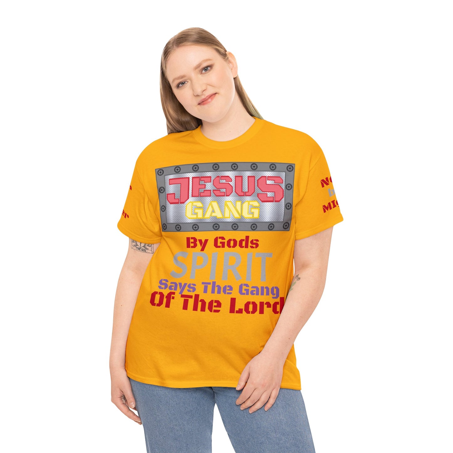 Red and Gold) By Gods spirit says the Gang of the Lord. Jesus Gang Unisex Heavy Cotton Tee