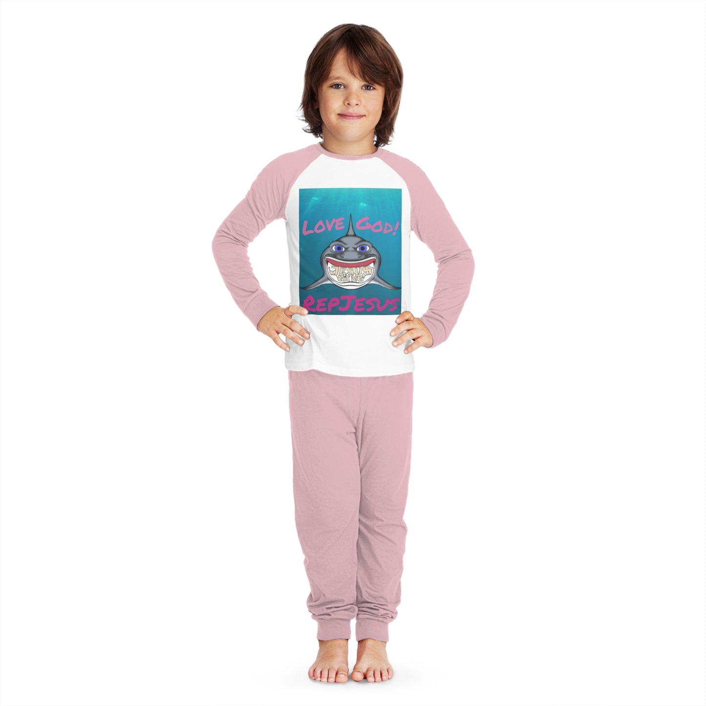 Love God Represent Jesus*Shark*Gang Pink Kids' Pajama Set