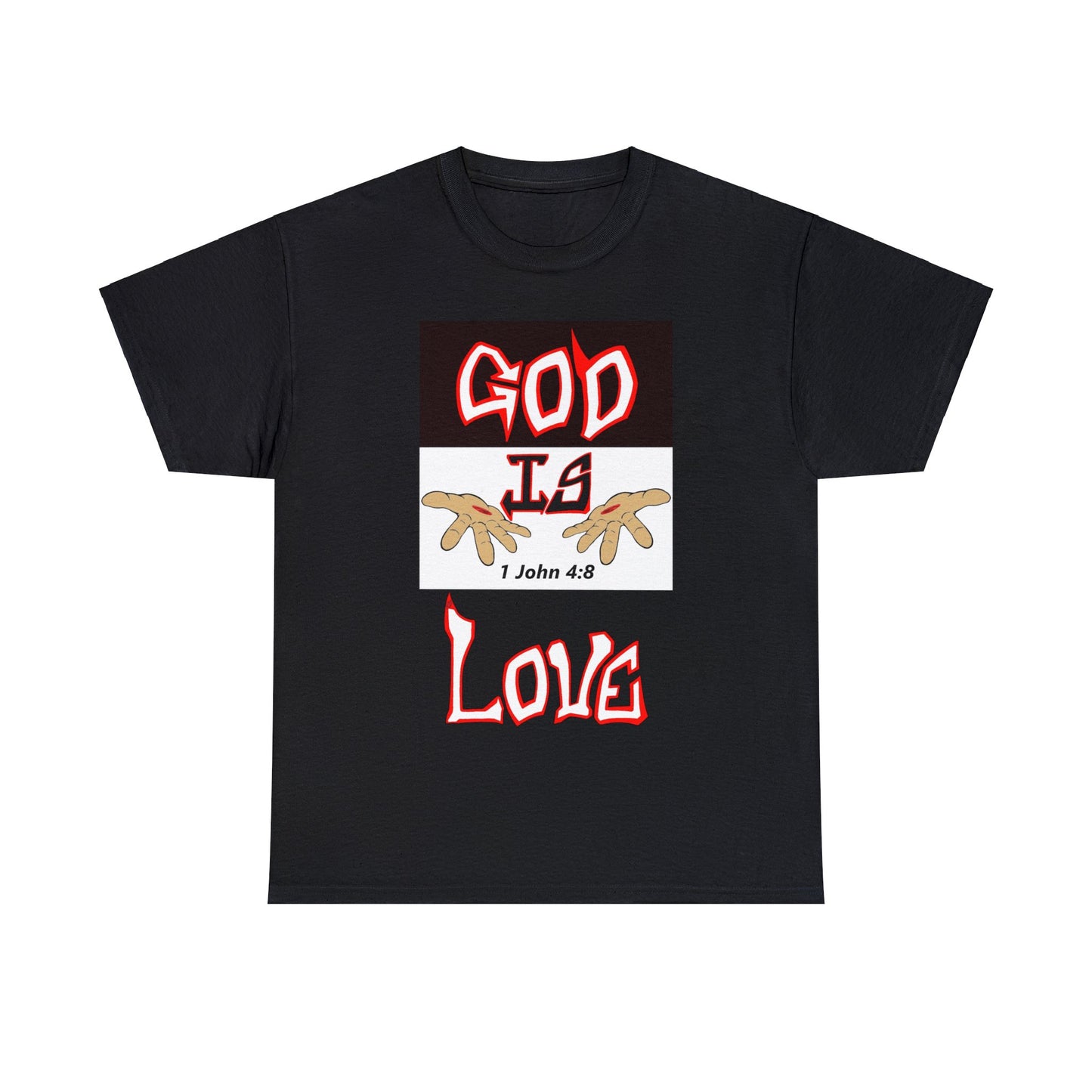 God is Love (RedBlk) multi-color t-shirt By The M.O.G (small print)