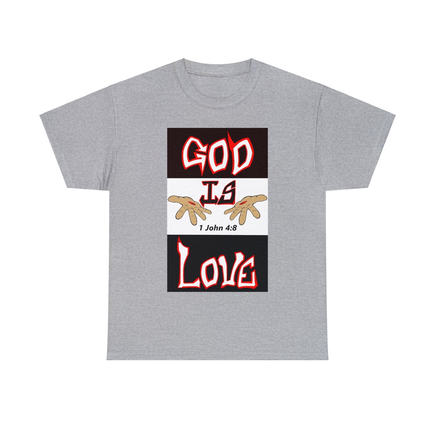 God is Love (RedBlk) multi-color t-shirt By The M.O.G (small print)