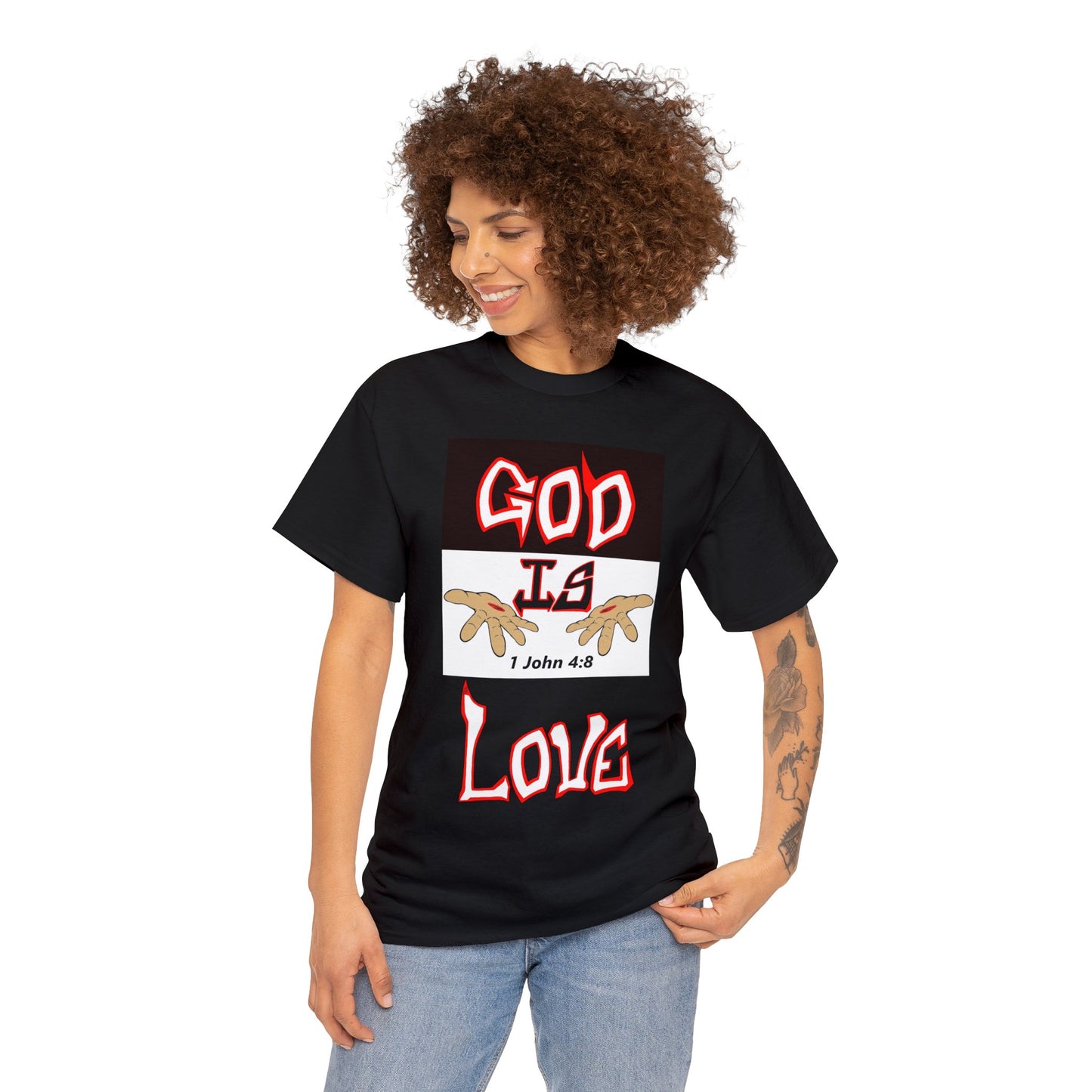 God is Love (RedBlk) multi-color t-shirt By The M.O.G (small print)