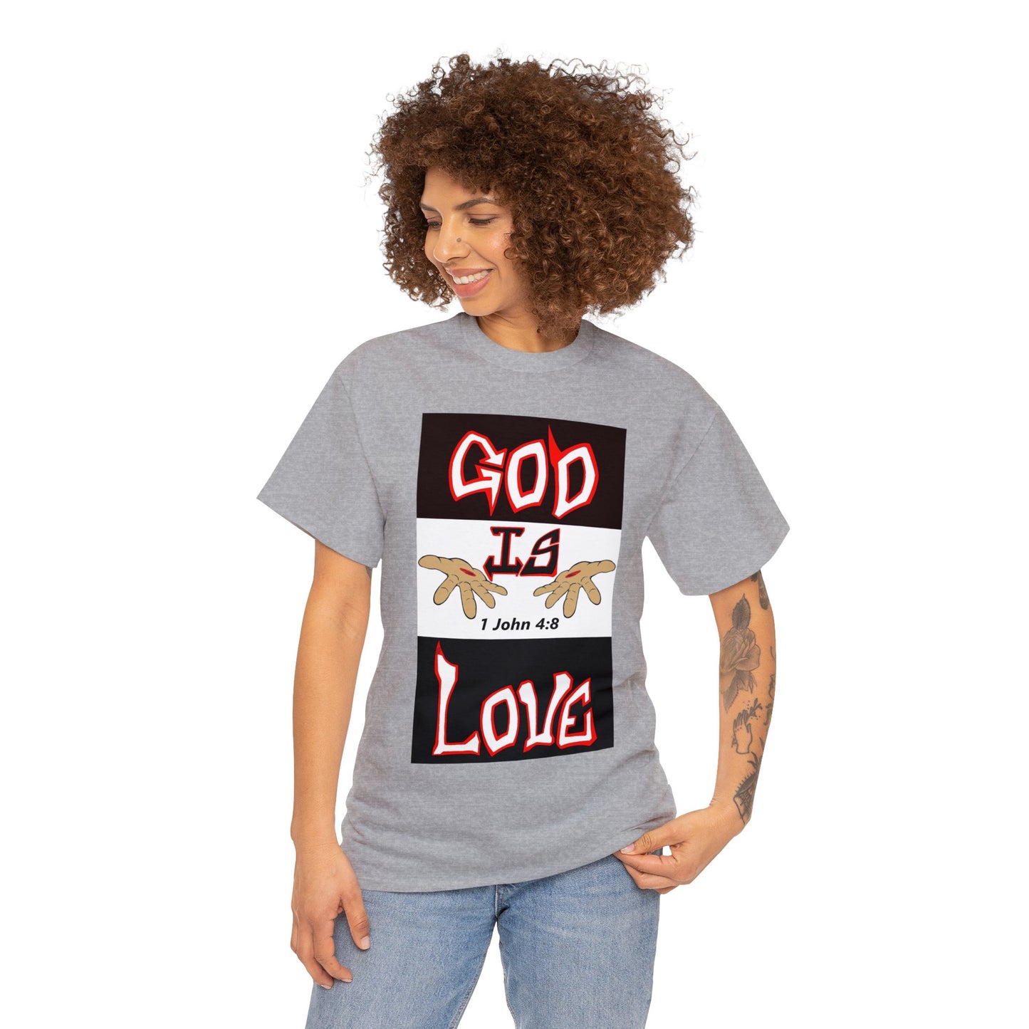 God is Love (RedBlk) multi-color t-shirt By The M.O.G (small print)