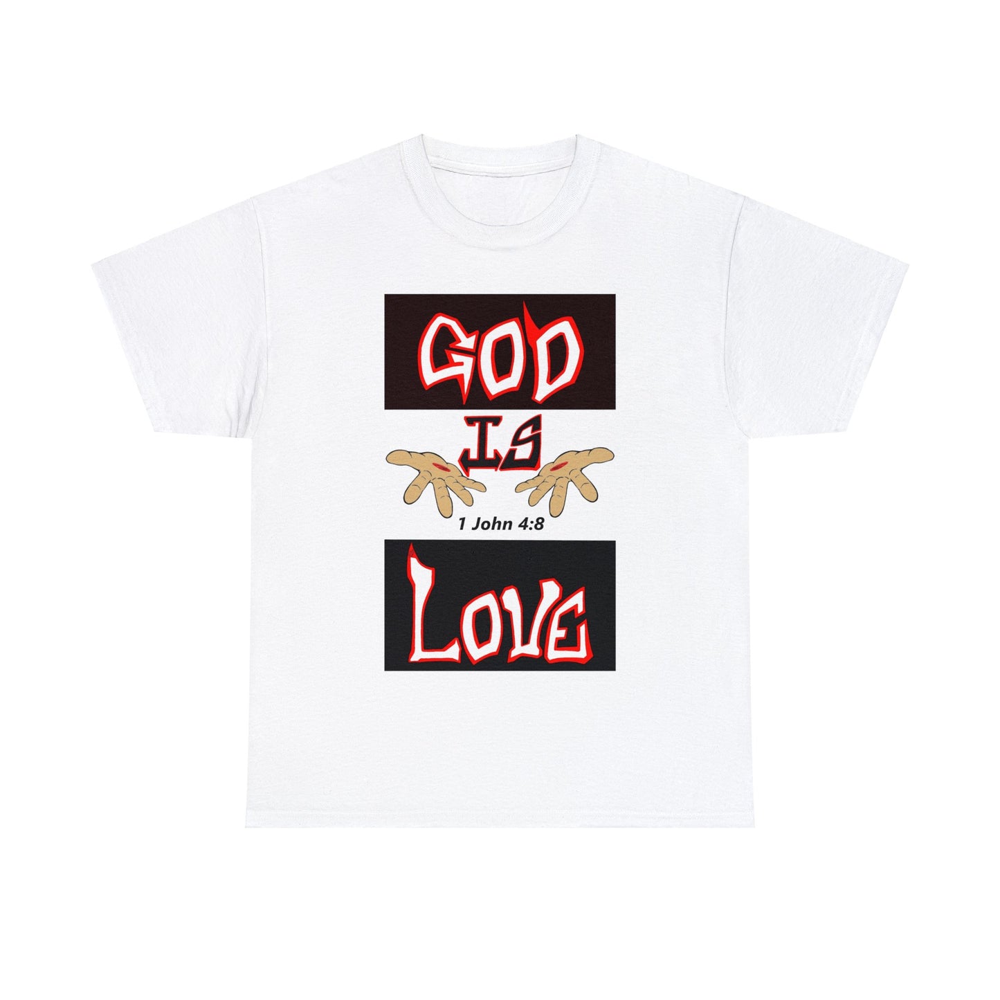 God is Love (RedBlk) multi-color t-shirt By The M.O.G (small print)