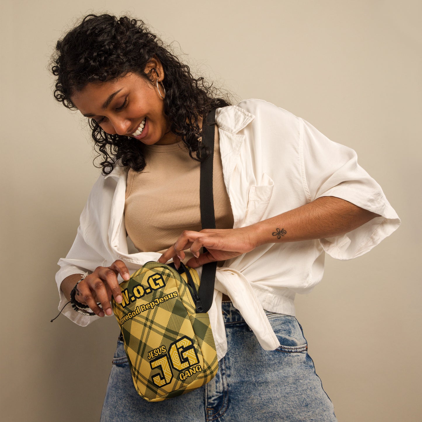 Gold Plaid Jesus Gang Woman of God crossbody bag