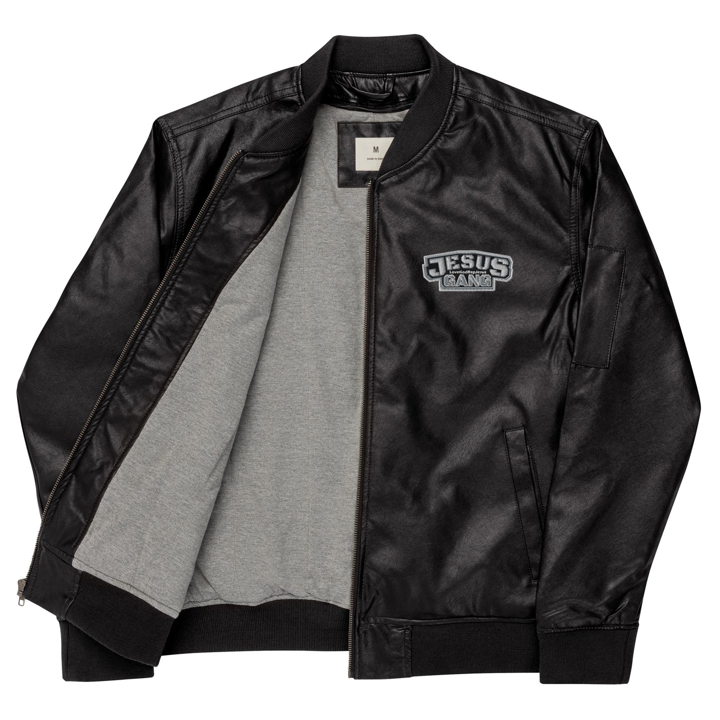 Jesus Gang A.oG  Blk Leather Bomber Jacket